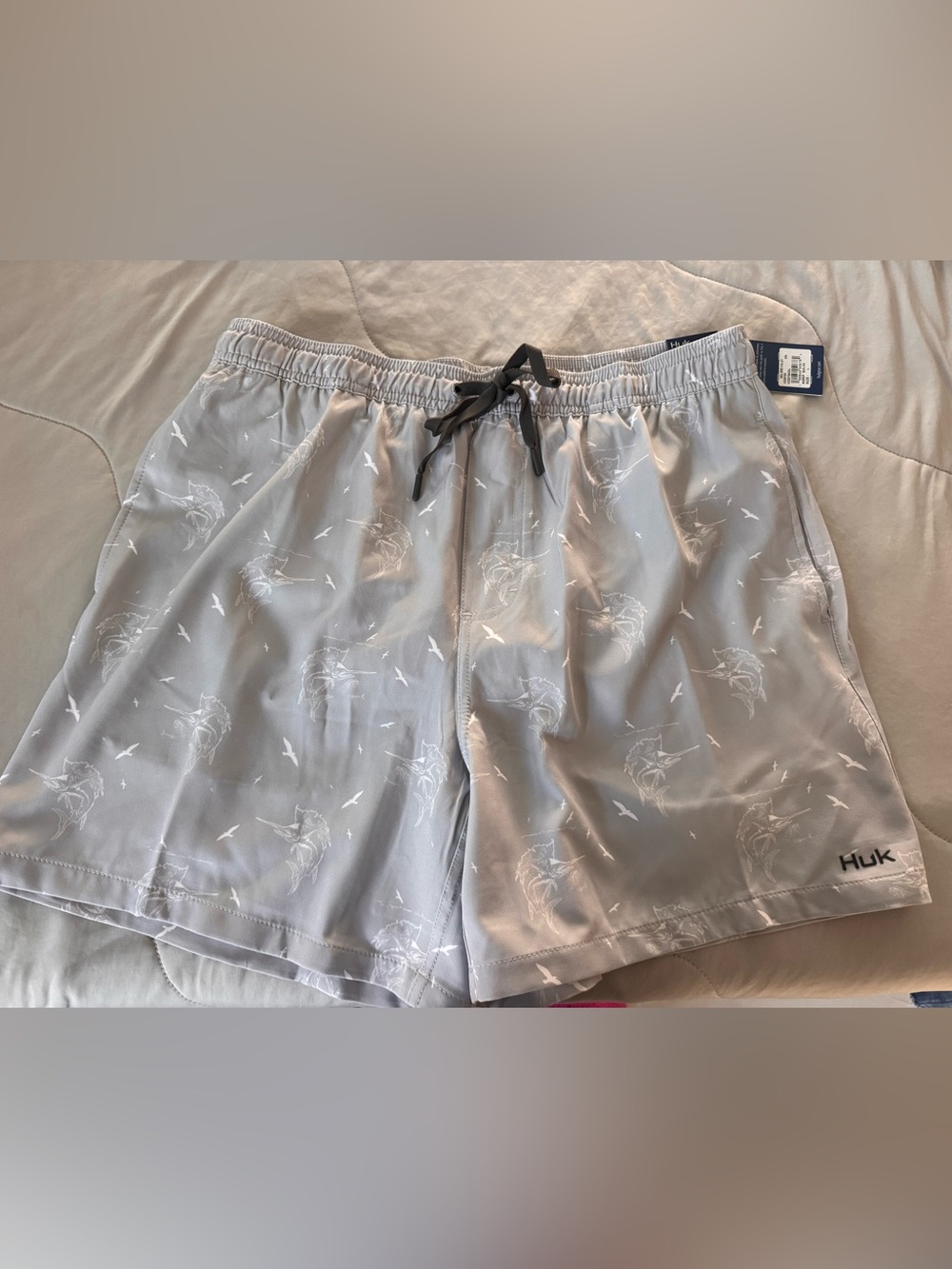 Huk Light Gray Marlin Print Swim Shorts